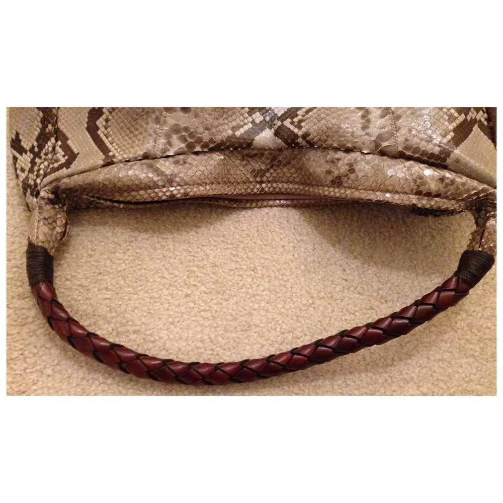 Auth Great Cond REAL natural beige brown PYTHON Carlos Falchi hobo shoulder bag